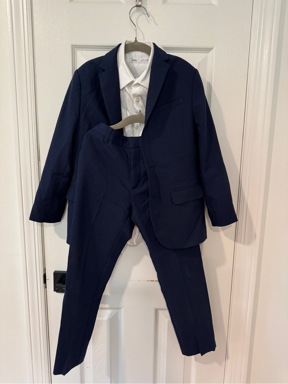 Zara Kids Boys 3 Piece Navy Suit Set Blazer Pants White Shirt Size 7